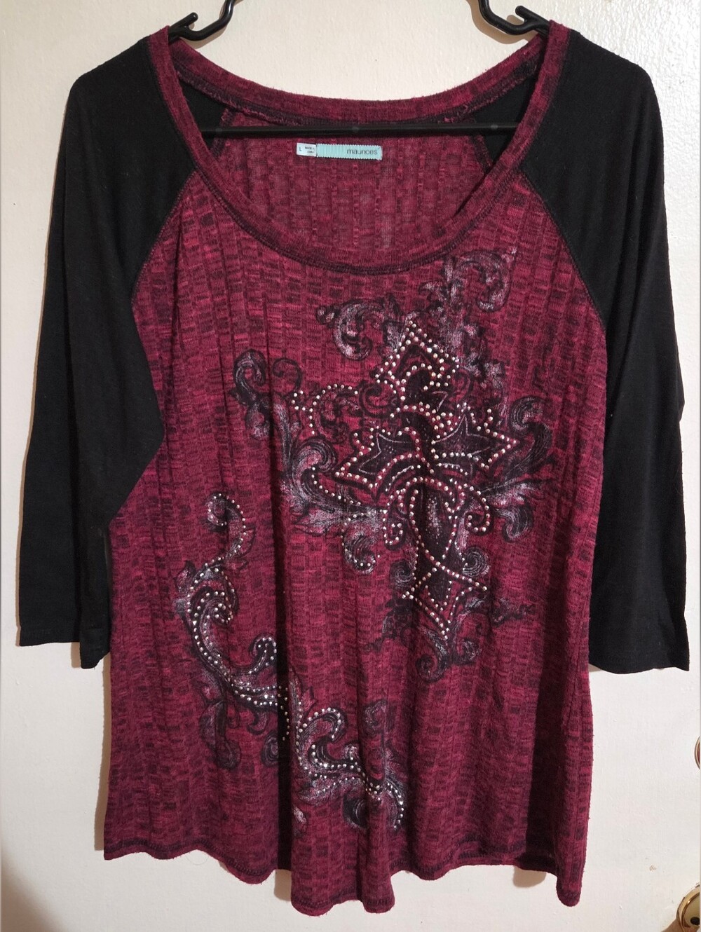 Maurices Burgundy/Black Three Quarter Sleeve Bling Grunge Top Size L